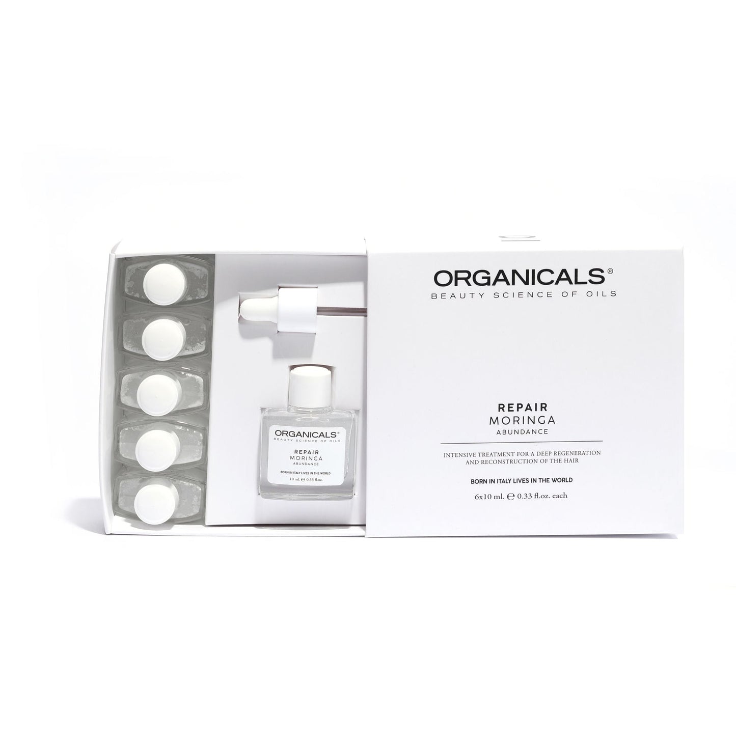 ABUNDANCE Moringa Repair serum v ampulah za rekonstrukcijo las 6 x 10 ml ORGANICALS - Šamponi.si